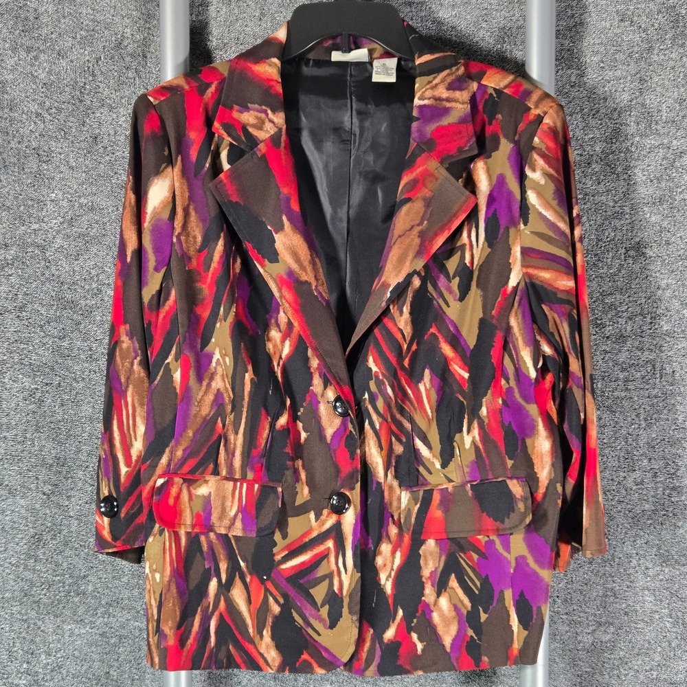 Kim Rogers Womens XL Abstract Brushstroke Blazer Purple Red Brown 3/4 Sleeve